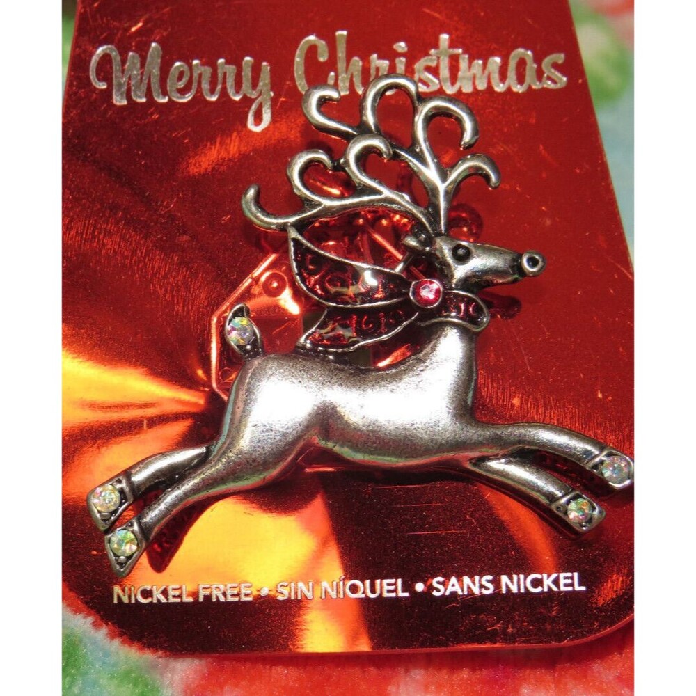Christmas Reindeer Brooch Multi CZ Silver Tone Festive Holiday Pin